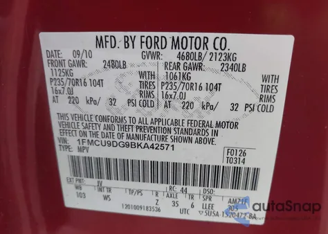 2011 Ford Escape Xlt из США, поврежденный, VIN 1FMCU9DG9BKA42571